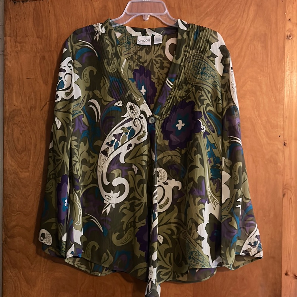 Chicos, olive green, and purple silk blouse